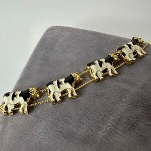 Vintage Gold Tone Slide Charm Bracelet Black White Enamel Spotted Cow Farmhouse
